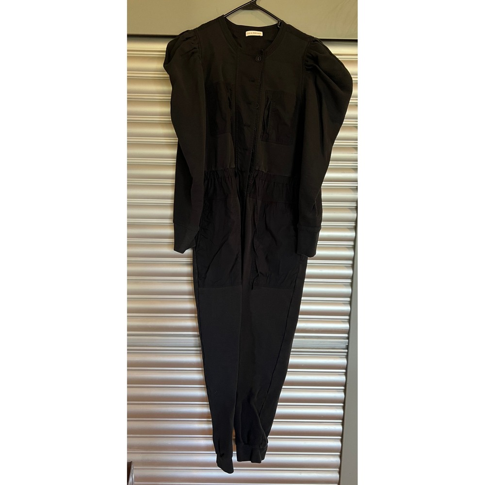 Ulla Johnson Black Mixed Media Puff Sleeve Utility Jumpsuit Elastic Waist